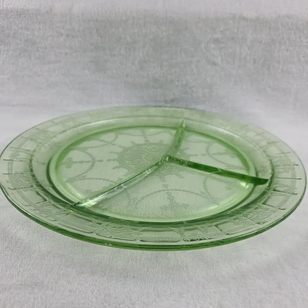 Uranium Glass Divided Plate Ballerina Cameo Dancing Girl Green Platter GLOWS